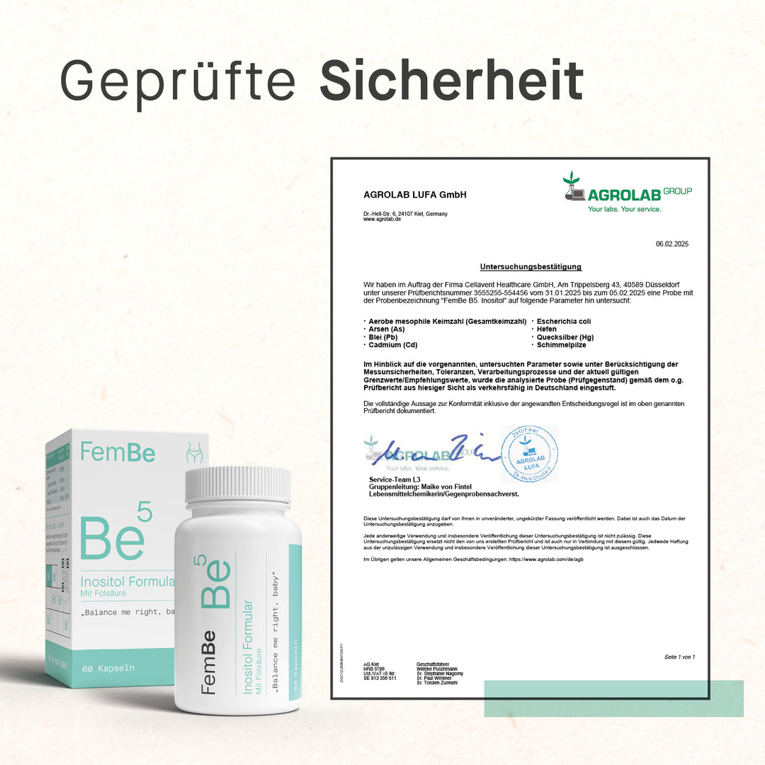 Geprüfte Sicherheit mit Zertifikat und Be5 Inositol Formular Verpackung