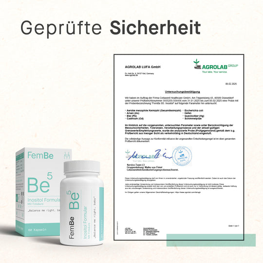 Geprüfte Sicherheit mit Zertifikat und Be5 Inositol Formular Verpackung