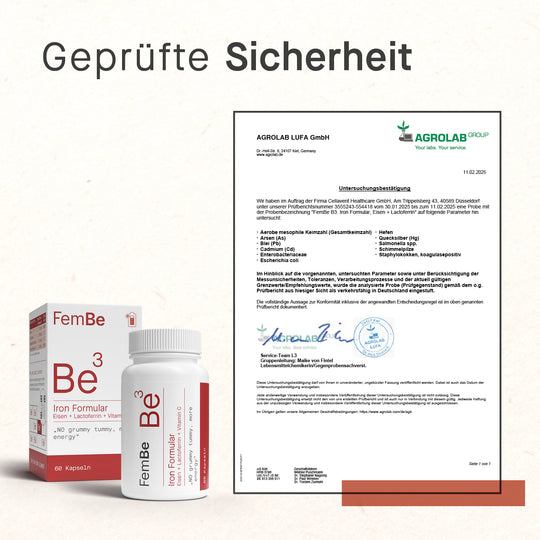 Geprüfte Sicherheit mit Zertifikat und Be3 Iron Formular Verpackung