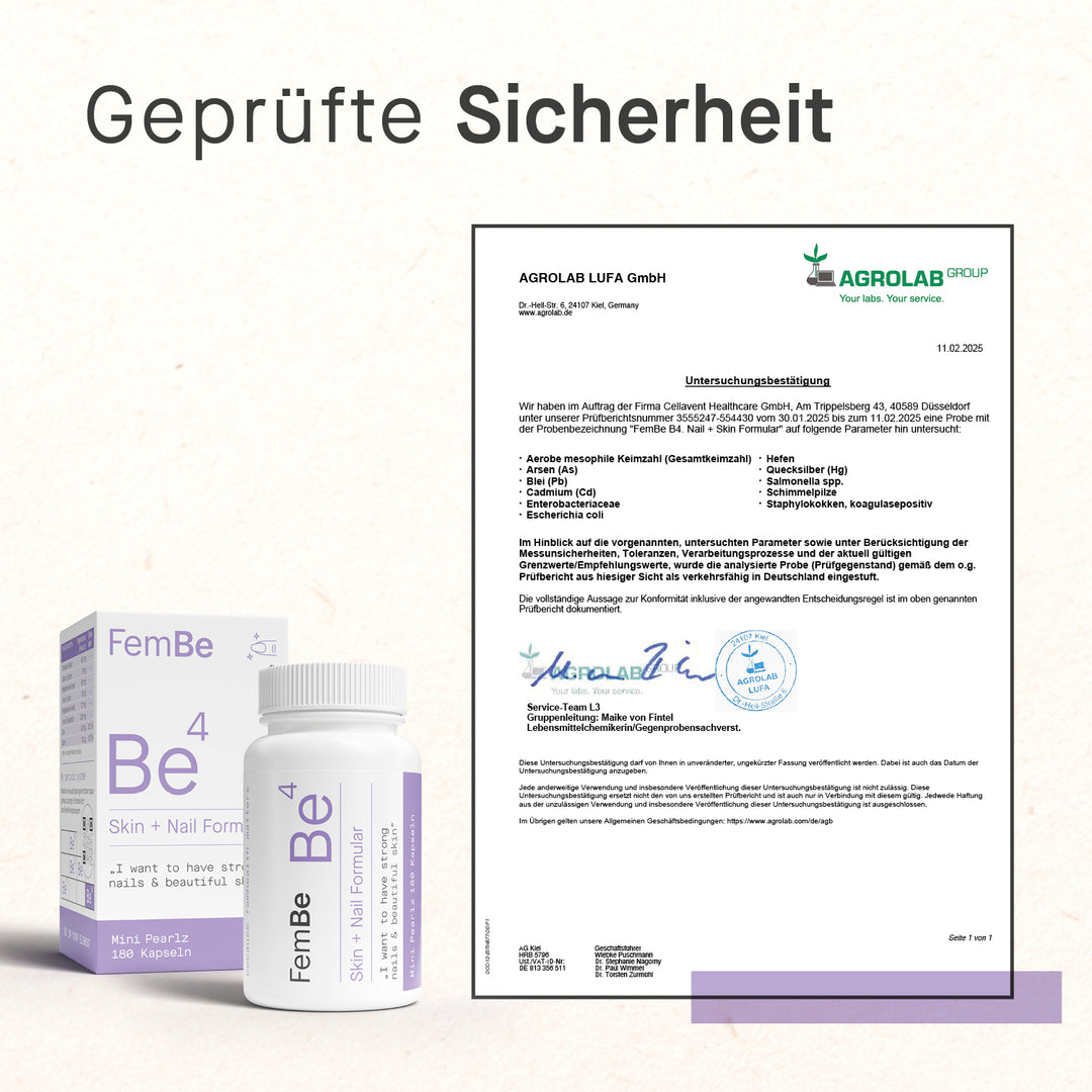 Geprüfte Sicherheit mit Zertifikat und Be4 Skin+ Nail Formular Verpackung