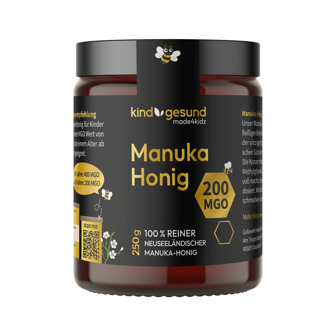 Manuka Honig Glas mit 200 MGO, schwarz-weiß-goldenes Design