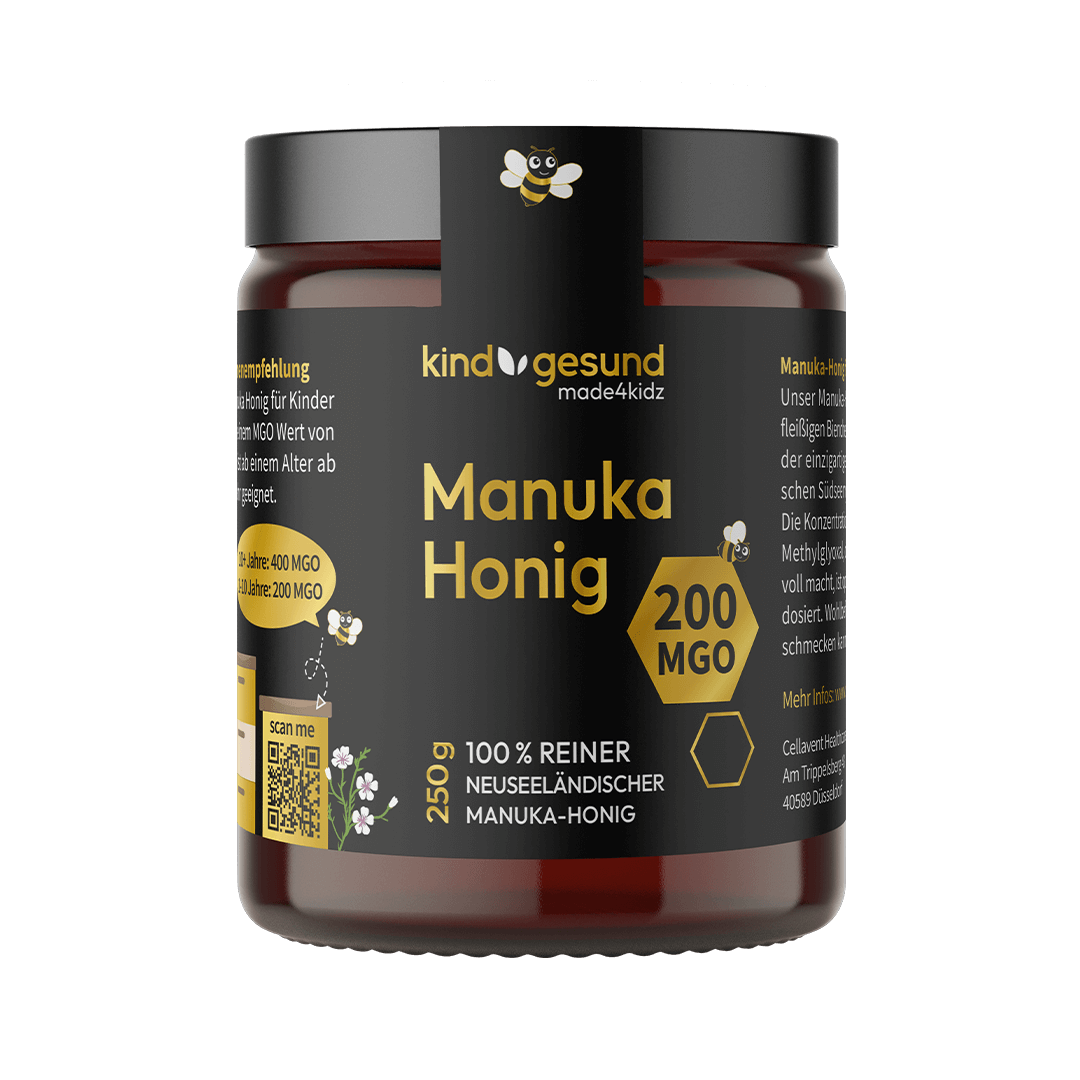 Jar of Manuka honey with a black label, 200 MGO, 250g.