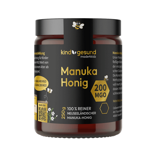 Manuka Honig Glas mit 200 MGO, schwarz-weiß-goldenes Design