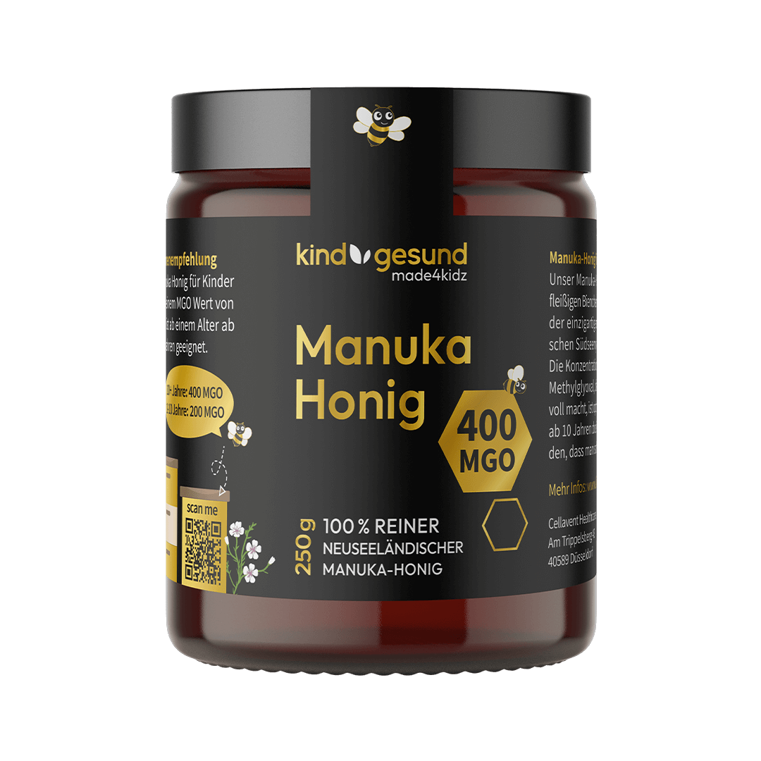 Manuka Honig Glas mit schwarz, gelb, weißem Design