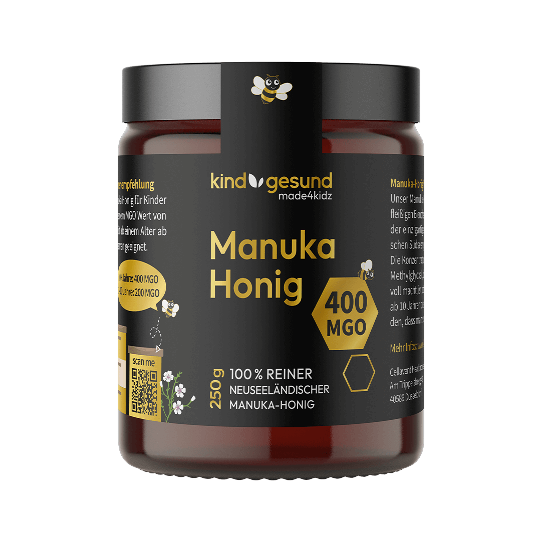 A jar of Manuka honey with 400 MGO labeling and bee design.