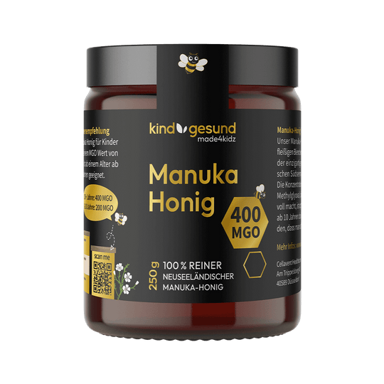 Manuka Honig Glas mit schwarz, gelb, weißem Design