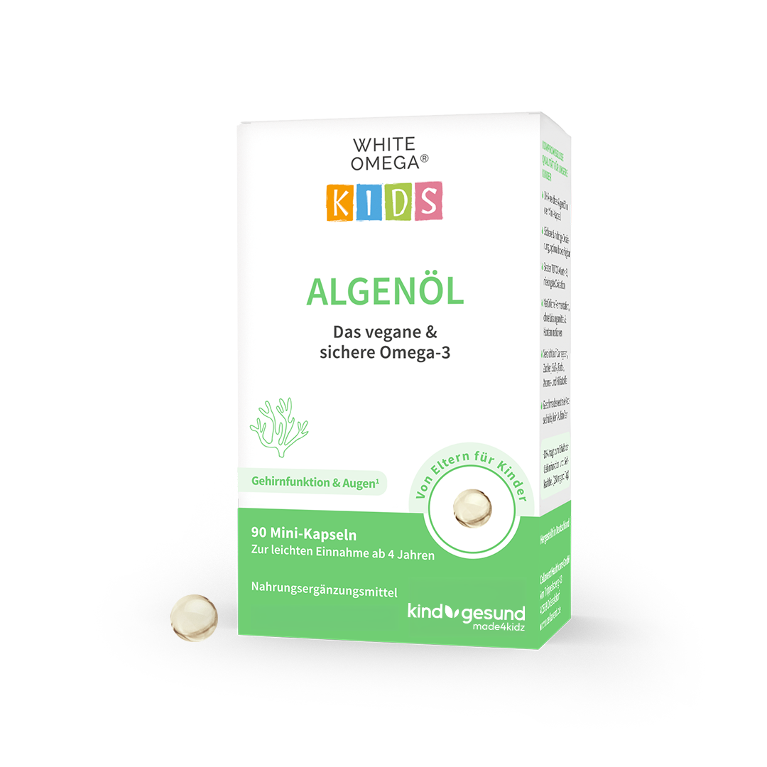 White Omega Kids vegan Verpackung mit einer Pearlz-Kapsel im Vordergrund