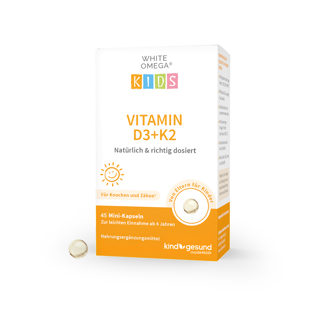 Verpackung der WHITE OMEGA KIDS Vitamin D3+K2