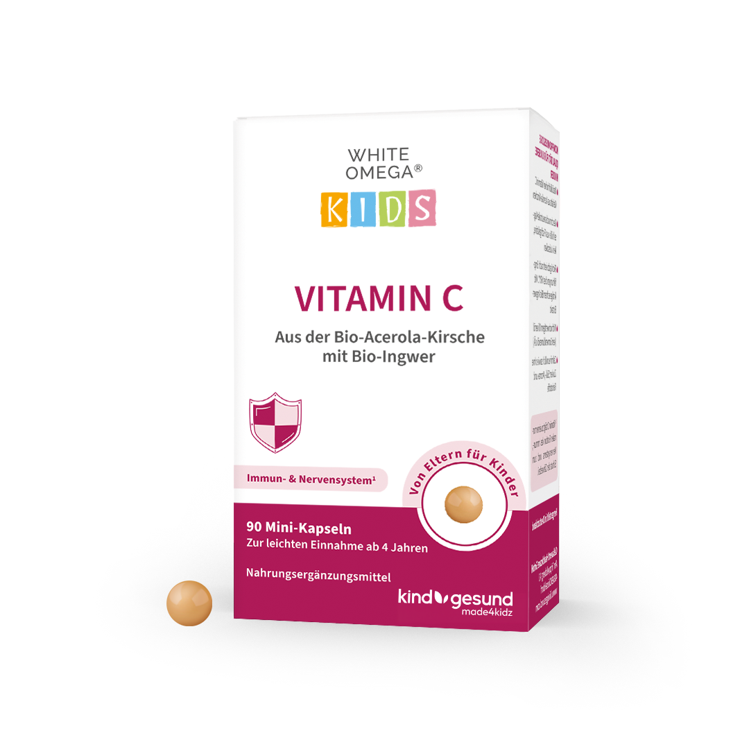 Verpackung der WHITE OMEGA KIDS Vitamin C mit Mini-Kapsel