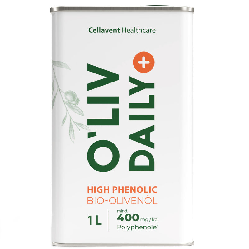 Weißblechkanister O'Liv Daily High Phenolic Bio-Olivenöl mit 1 Liter Inhalt und mindestens 400 mg/kg Polyphenolen