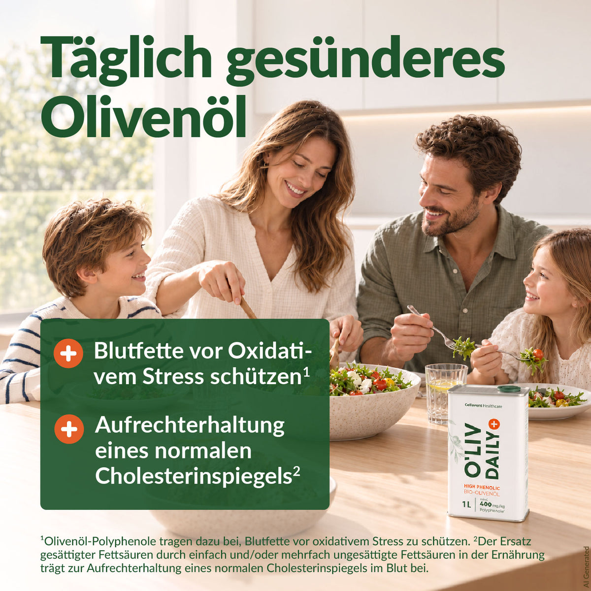 Familie isst gemeinsam Salat am Küchentisch, daneben der O'Liv Daily Kanister mit den Fußnoten zu den zugelassenen gesundheitsbezogenen Angaben