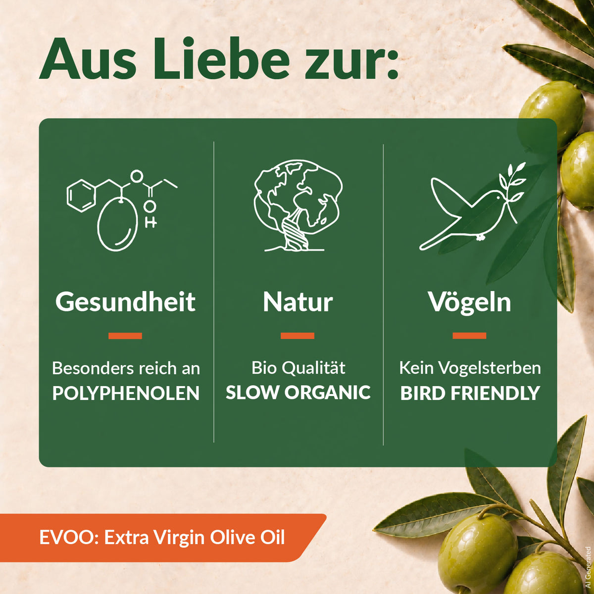 Drei Symbole für Gesundheit, Natur und Vögel mit den Angaben besonders reich an Polyphenolen, Bio-Qualität nach Slow Organic und Bird Friendly ohne Vogelsterben