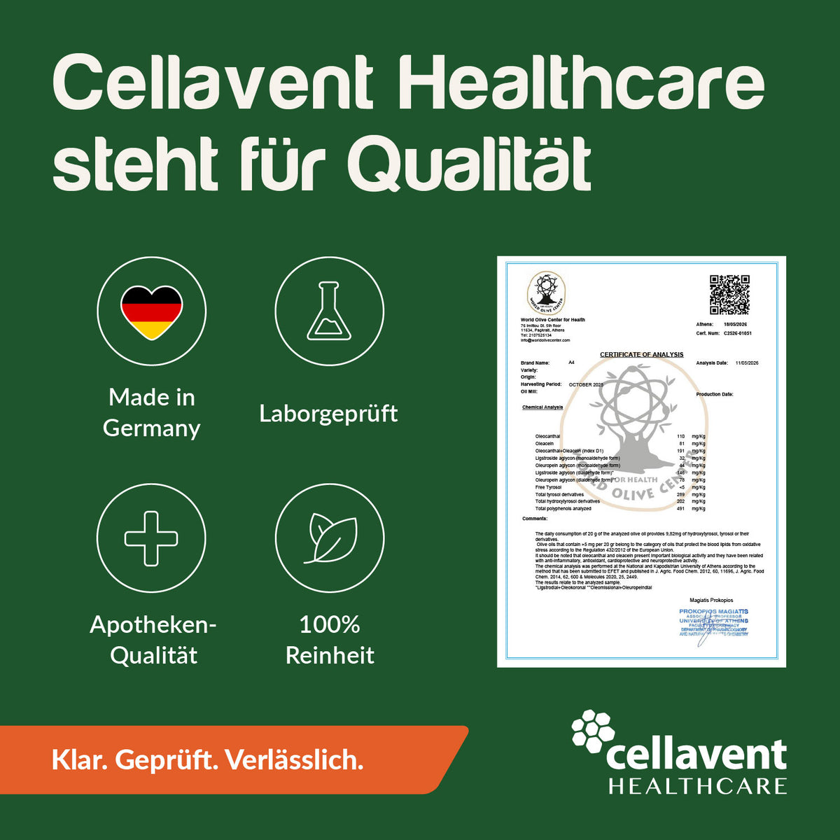 Qualitätsmerkmale von Cellavent Healthcare: Made in Germany, laborgeprüft, Apothekenqualität und 100 Prozent Reinheit, daneben das Analysezertifikat