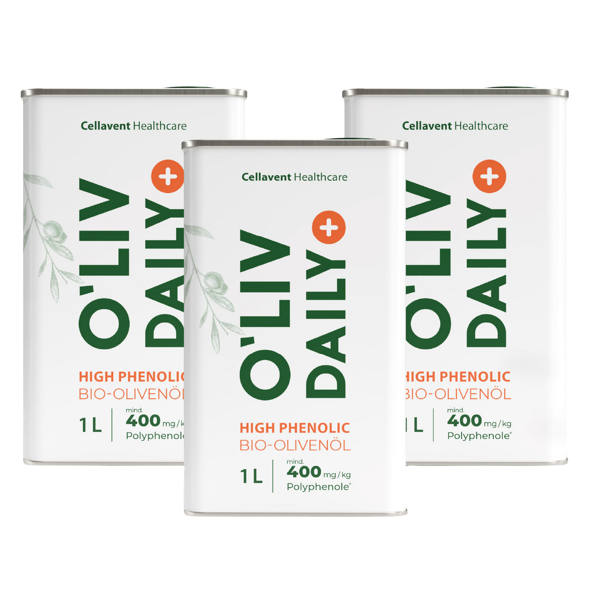 Drei 1-Liter-Kanister O'Liv Daily Bio-Olivenöl nebeneinander, der 3-Liter-Vorrat