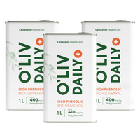 Drei 1-Liter-Kanister O'Liv Daily Bio-Olivenöl nebeneinander, der 3-Liter-Vorrat