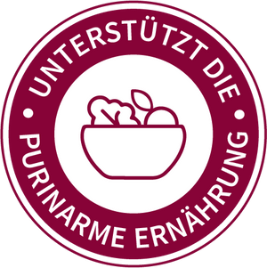 Es ist ein Siegel, welches zeigt, dass Montmorency Sauerkirschen die purinarme Ernährung unterstützen und bei Gicht helfen.