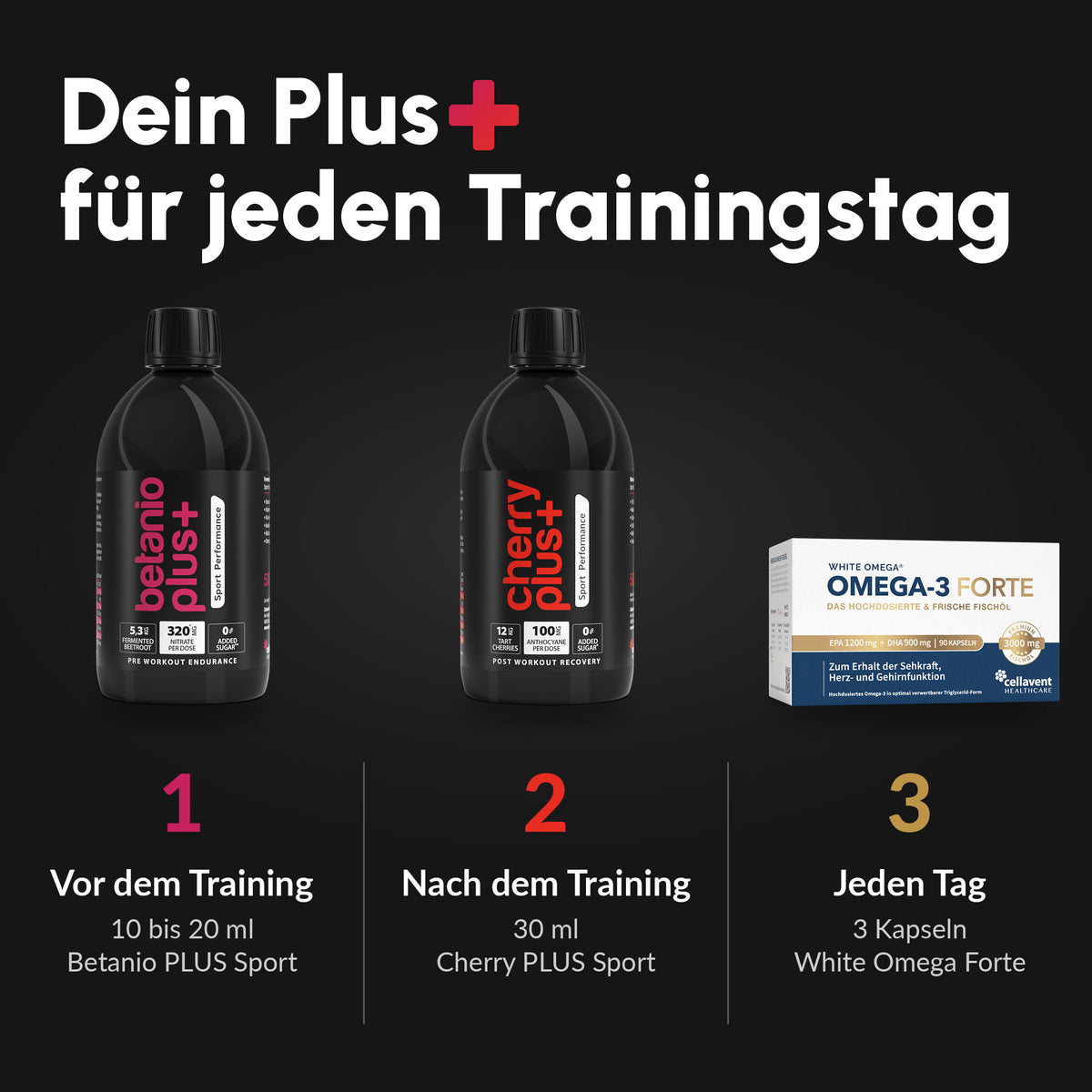 Sport-Set in drei Schritten: Betanio PLUS Sport vor dem Training, Cherry PLUS Sport nach dem Training, White Omega Forte jeden Tag