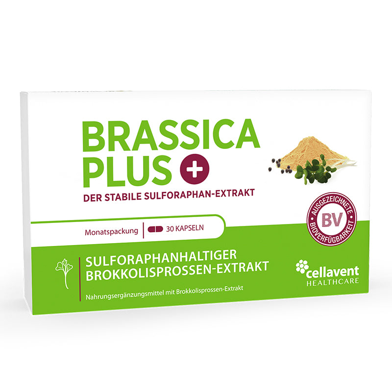 Vorderseite der Verpackung vom sulforaphanhaltigen Brokkolisprossen-Exreakt Brassica PLUS.