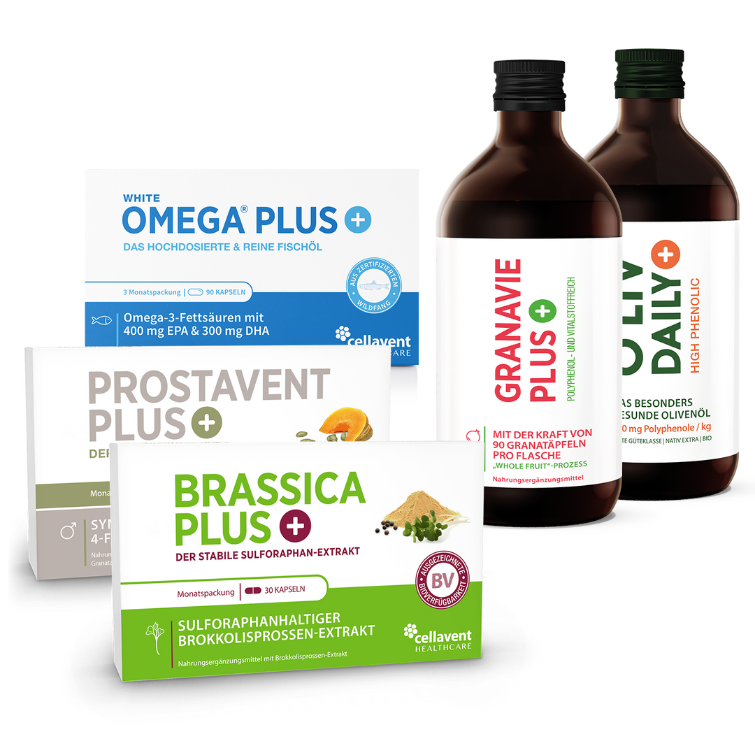 Anordnung von Produkten: Granavie PLUS, O'Liv Daily, Brassica PLUS; Prostavent PLUS und White Omega PLUS