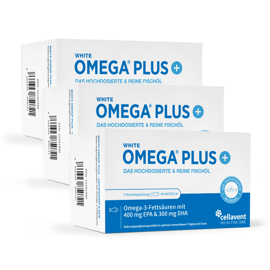 Drei hintereinander stehende White Omega Plus Verpackungen mit insgesamt 270 richtig dosierten Omega-3-Kapseln Inhalt.