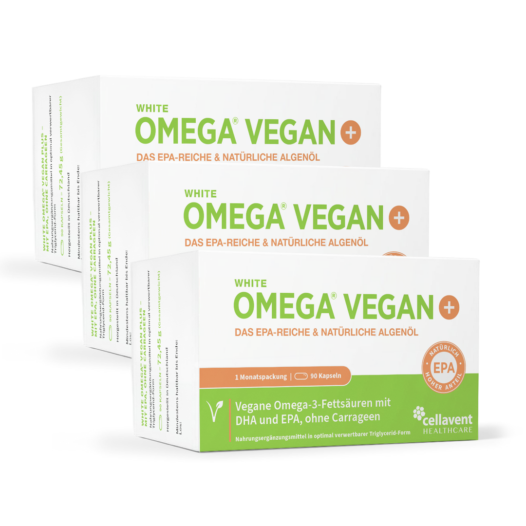 Frontansicht von drei Packungen WHITE OMEGA VEGAN PLUS.