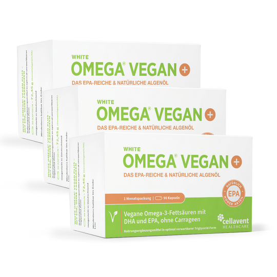 Frontansicht von drei Packungen WHITE OMEGA VEGAN PLUS.