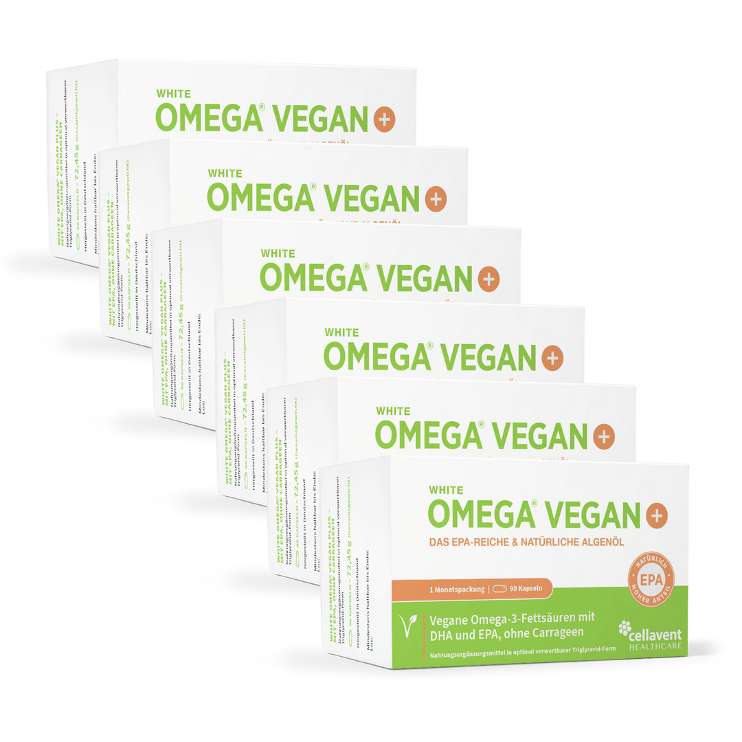 Frontansicht von sechs Packungen WHITE OMEGA VEGAN PLUS.