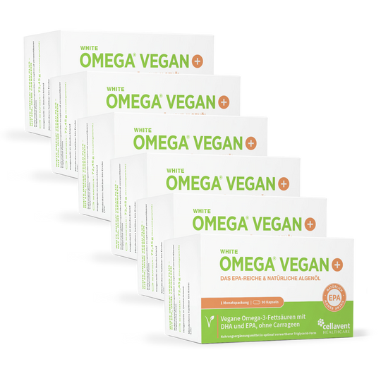 Frontansicht von sechs Packungen WHITE OMEGA VEGAN PLUS.