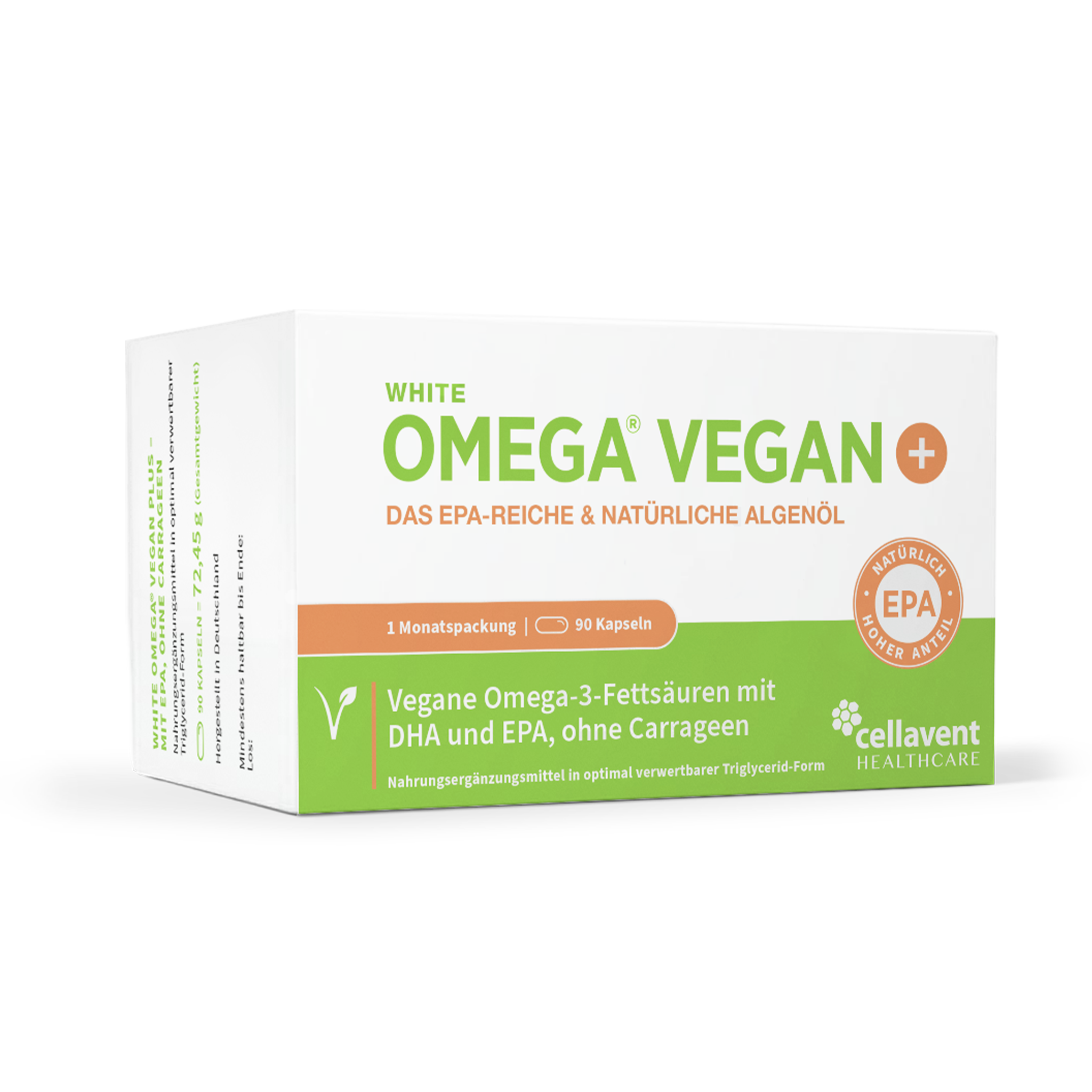 Frontansicht der hellgrün weißen Umverpackung von WHITE OMEGA VEGAN PLUS.