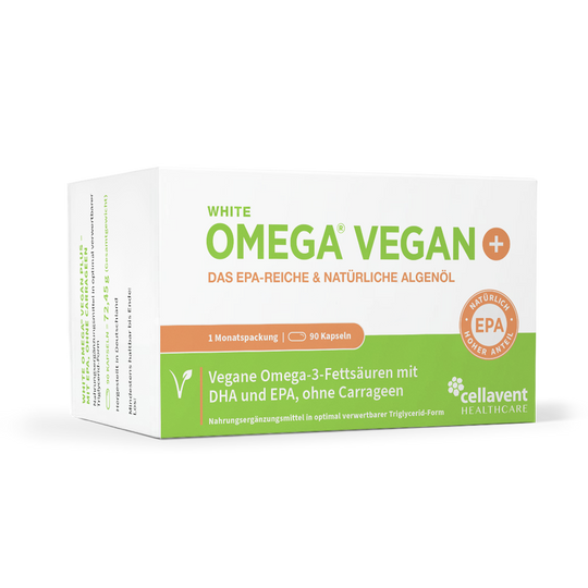 Frontansicht der hellgrün weißen Umverpackung von WHITE OMEGA VEGAN PLUS.