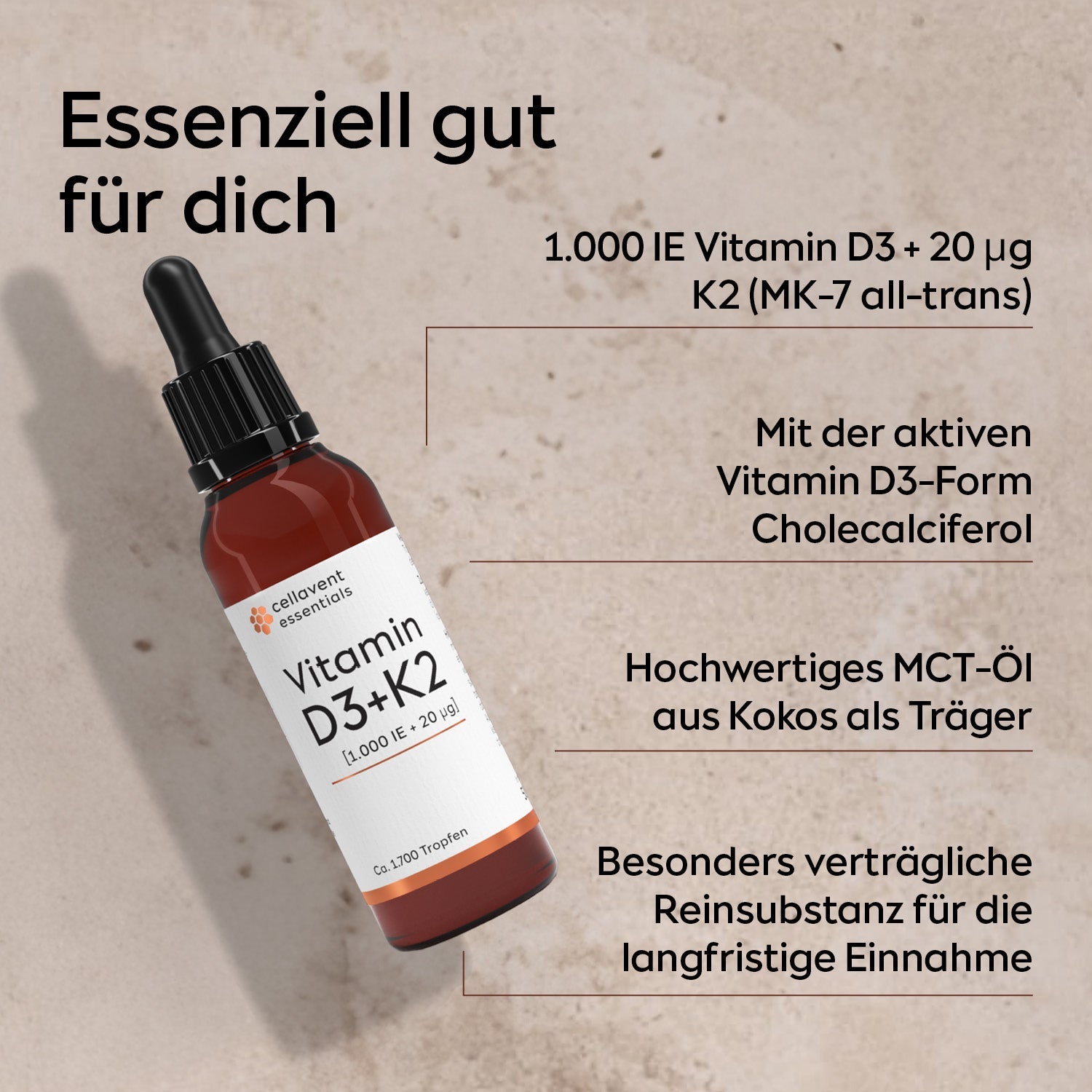 Essentials D3 + K2 [1.000 IE + 20 μg] - Cellavent Healthcare