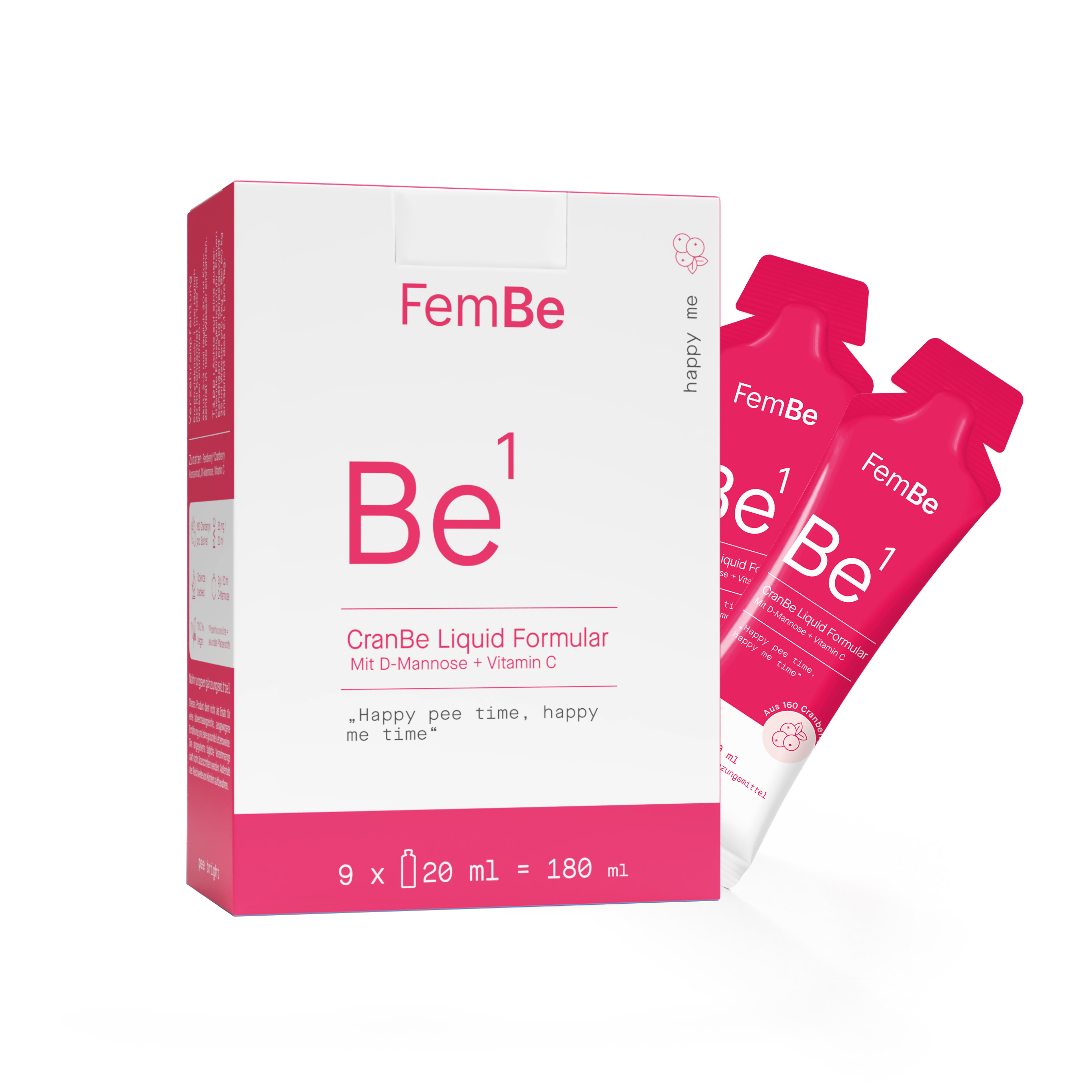 FemBe CranBe Liquid Formular, Cranberry Konzentrat mit Vitamin C und D-Mannose für Frauen, Umkartons und Sachets