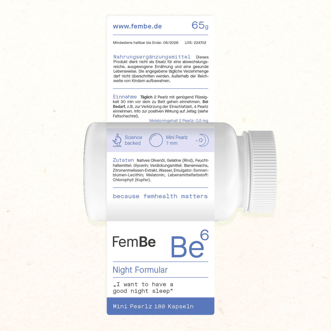 FemBe Night Formular, Melatonin Kapseln mit Zitronenmelisse für Frauen, Etikettansicht