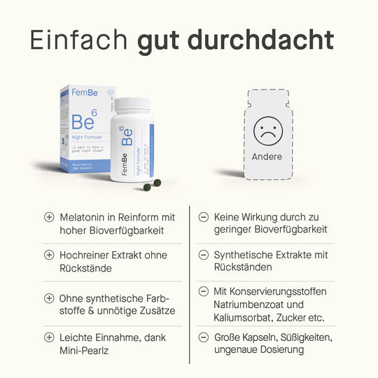 FemBe Night Formular, Melatonin Kapseln mit Zitronenmelisse für Frauen, Vergleich zur Konkurrenz