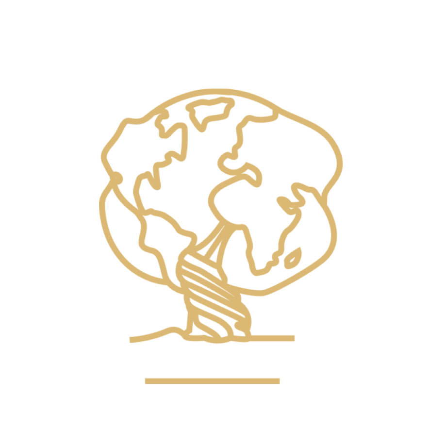 Ein Baum Icon in der Farbe gold. Die Form der Baumkrone sieht aus wie der Umriss von verschiedenen Kontinenten.