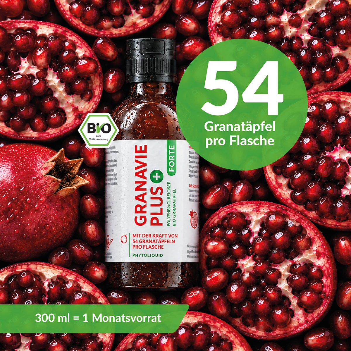 Granavie PLUS Forte zwischen Granatäpfeln: 54 Granatäpfel pro Flasche, 300 ml als Monatsvorrat