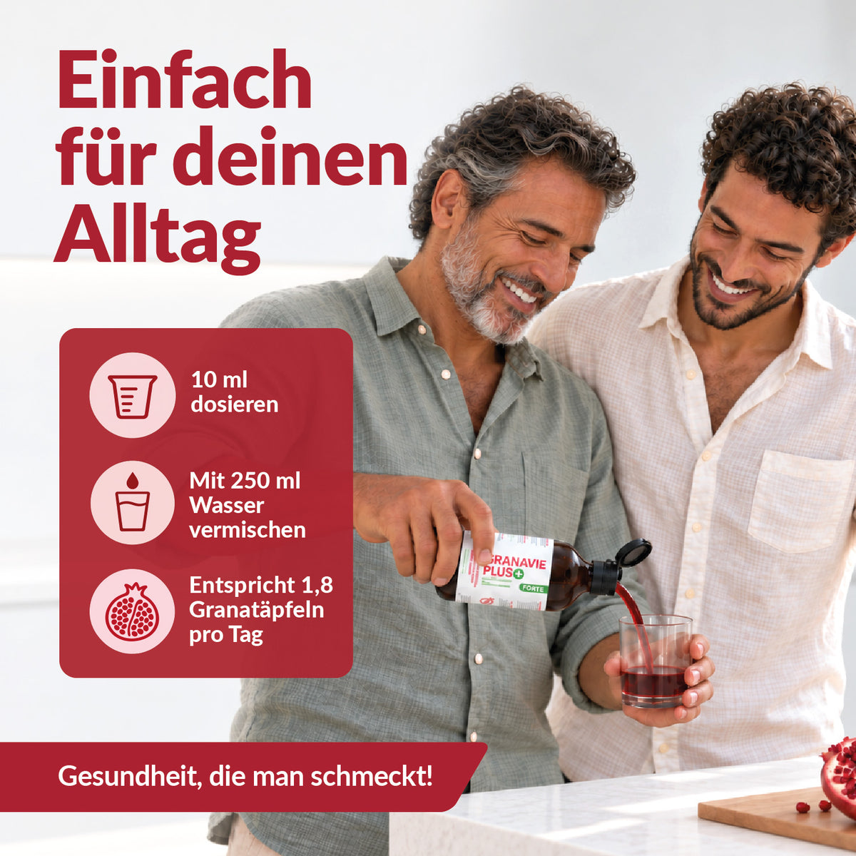 Granavie PLUS Anwendung: 10 ml in 250 ml Wasser, entspricht 1,8 Granatäpfeln pro Tag