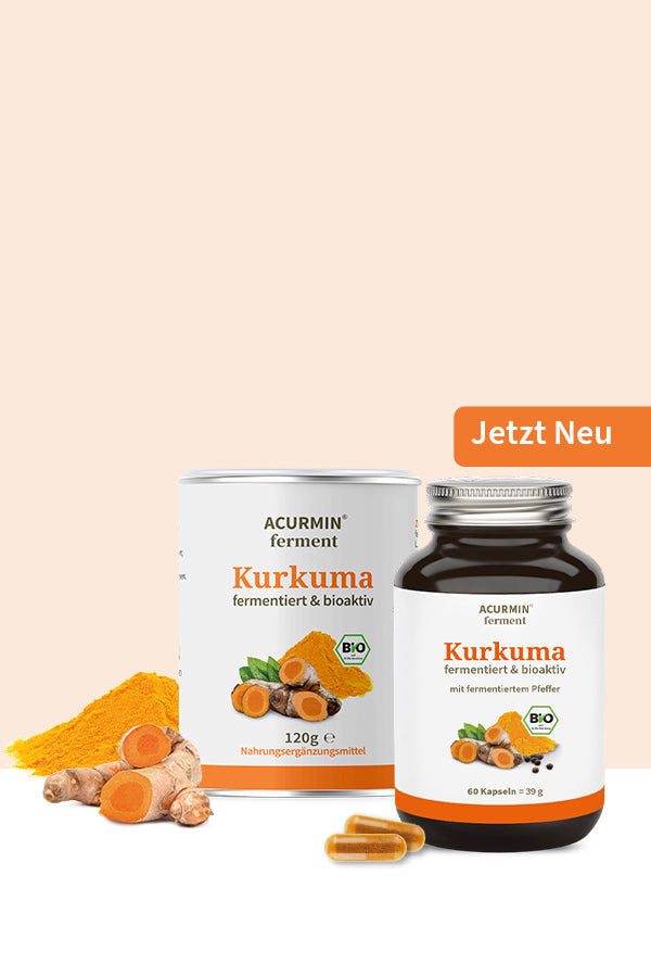 Acurmin fermet Kurkuma fermentiert & bioaktiv Verpackung Vorderseite Pulver und Kapsel
