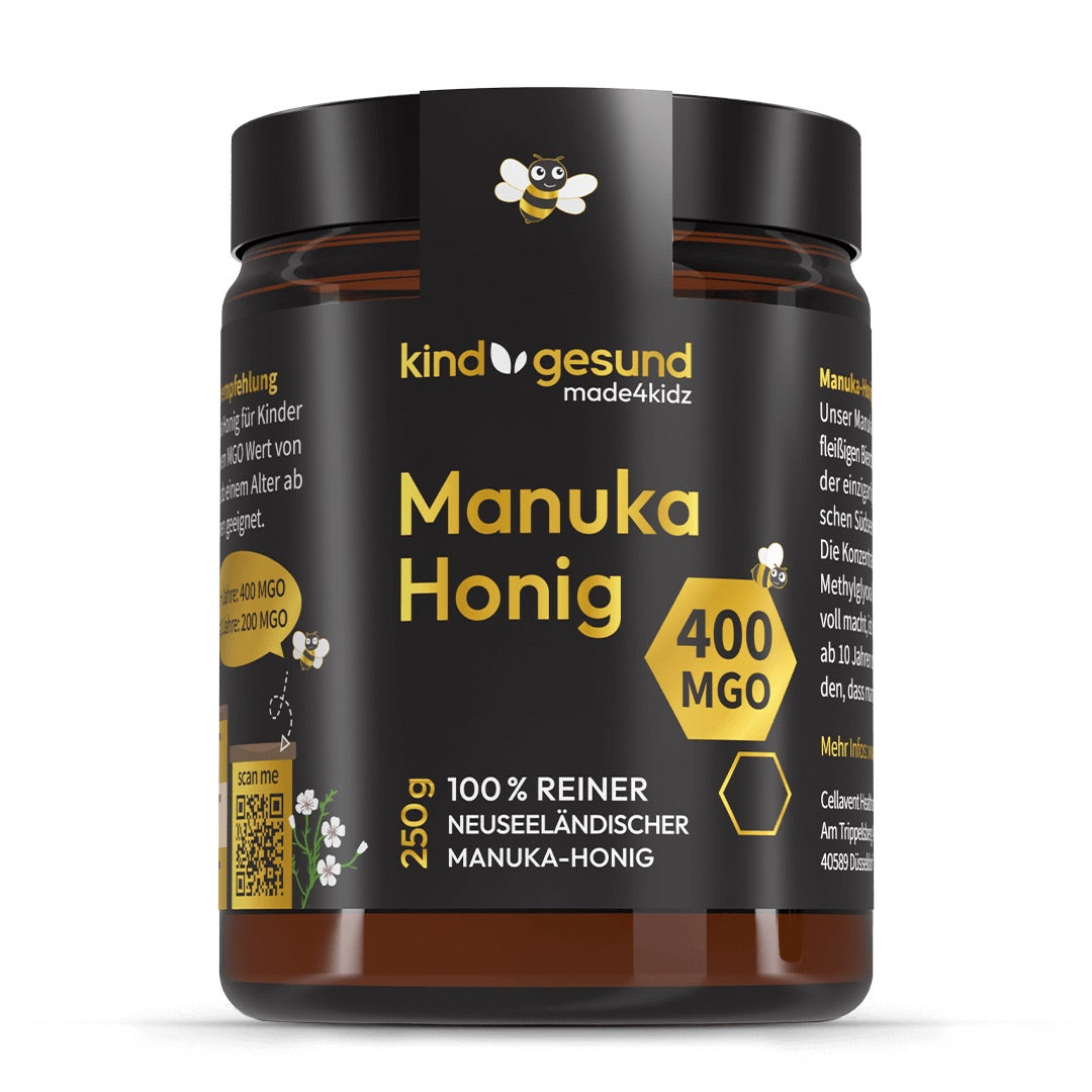 Manuka Honig im Glas mit schwarz, gelb, weißem Design, 400 MGO, aus Neusseland