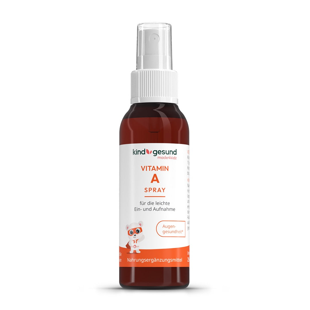 Kindervitamin Sprayflasche im weiß-orangen Design mit Pandabär