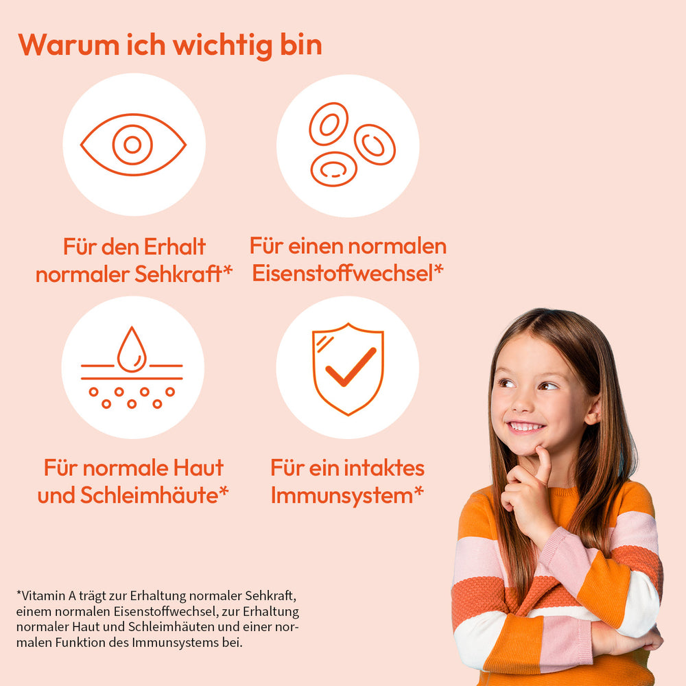 Kleines Mädchen, lächend, mit vier Symbolen: Auge, Blutplättchen, Haut und Immunsytem