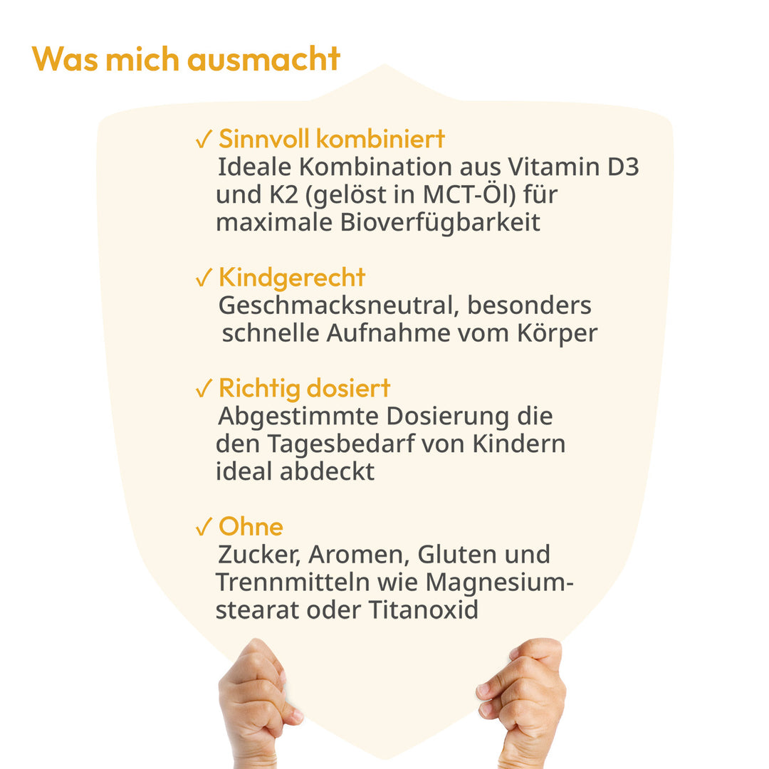 Auflistung der Gründe, die das Produkt Vitamin D3+K2 Spray von kindgesund ausmachen