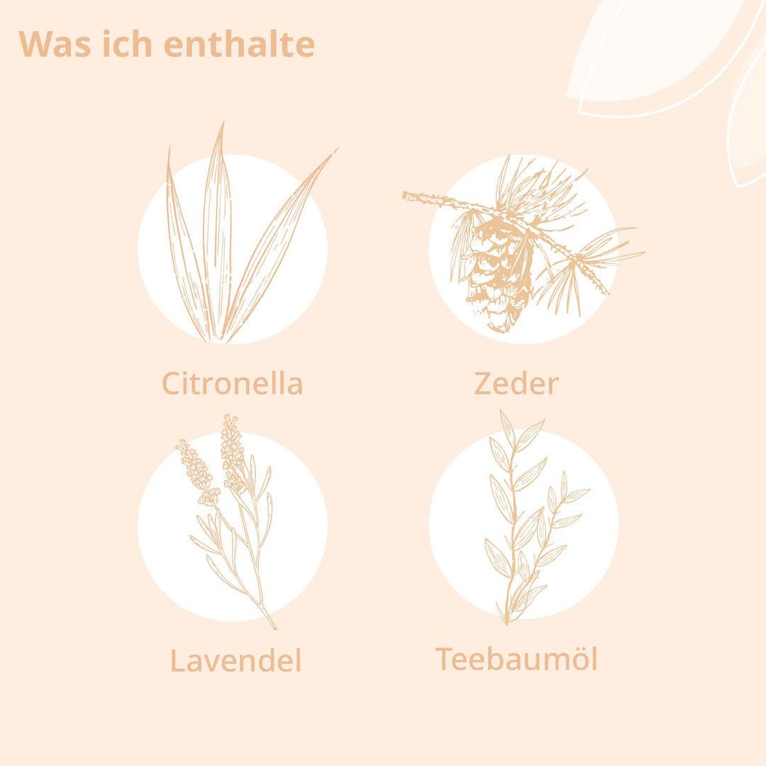 Inhaltsstoffe: Citronella, Zeder, Lavendel und Teebaumöl