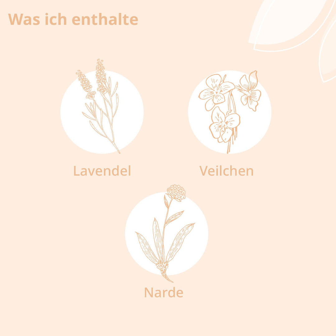 Inhaltsstoffe: Lavendel, Veilchen, Narde