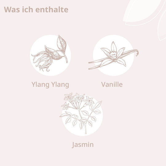 Inhaltsstoffe: Ylang Ylang, Vanille und Jasmin