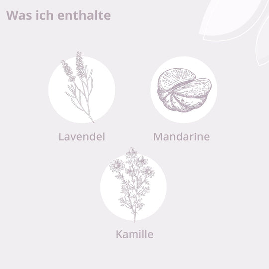 Darstellung der Inhaltsstoffe: Lavendel, Mandarine, Kamille