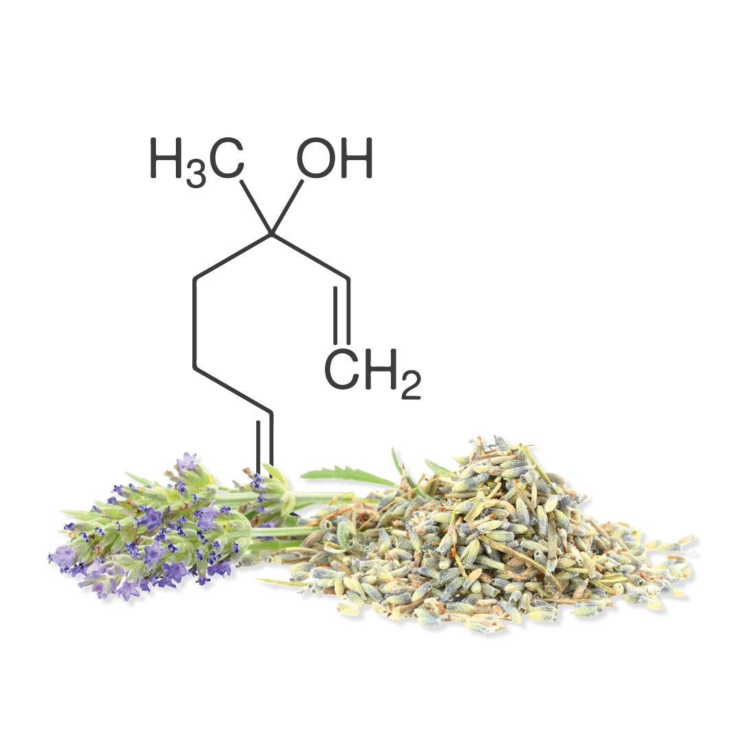 Lavendelblüte und Lavendel als Rohstoff mit chemischer Formel im Hintergrund