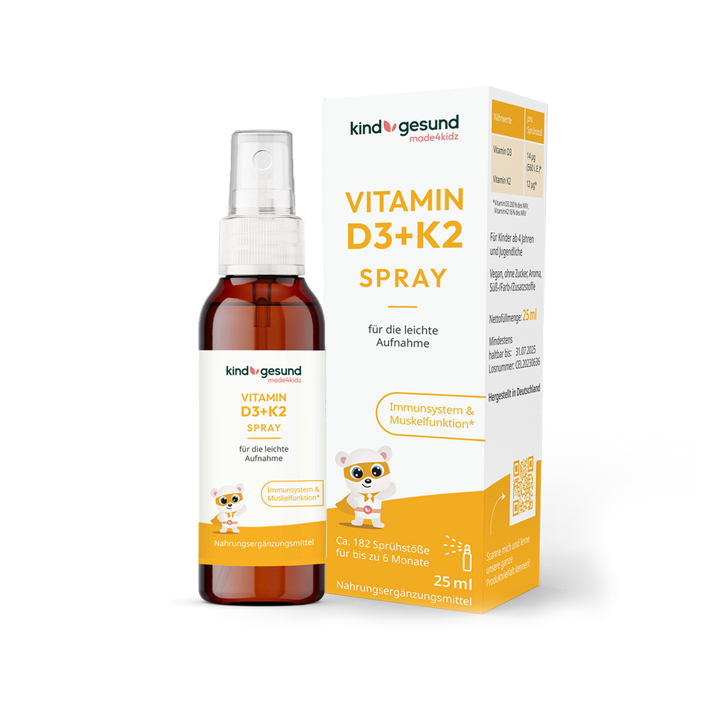 kindgesund Vitamin D3+K2 Spray Verpackung und Spray