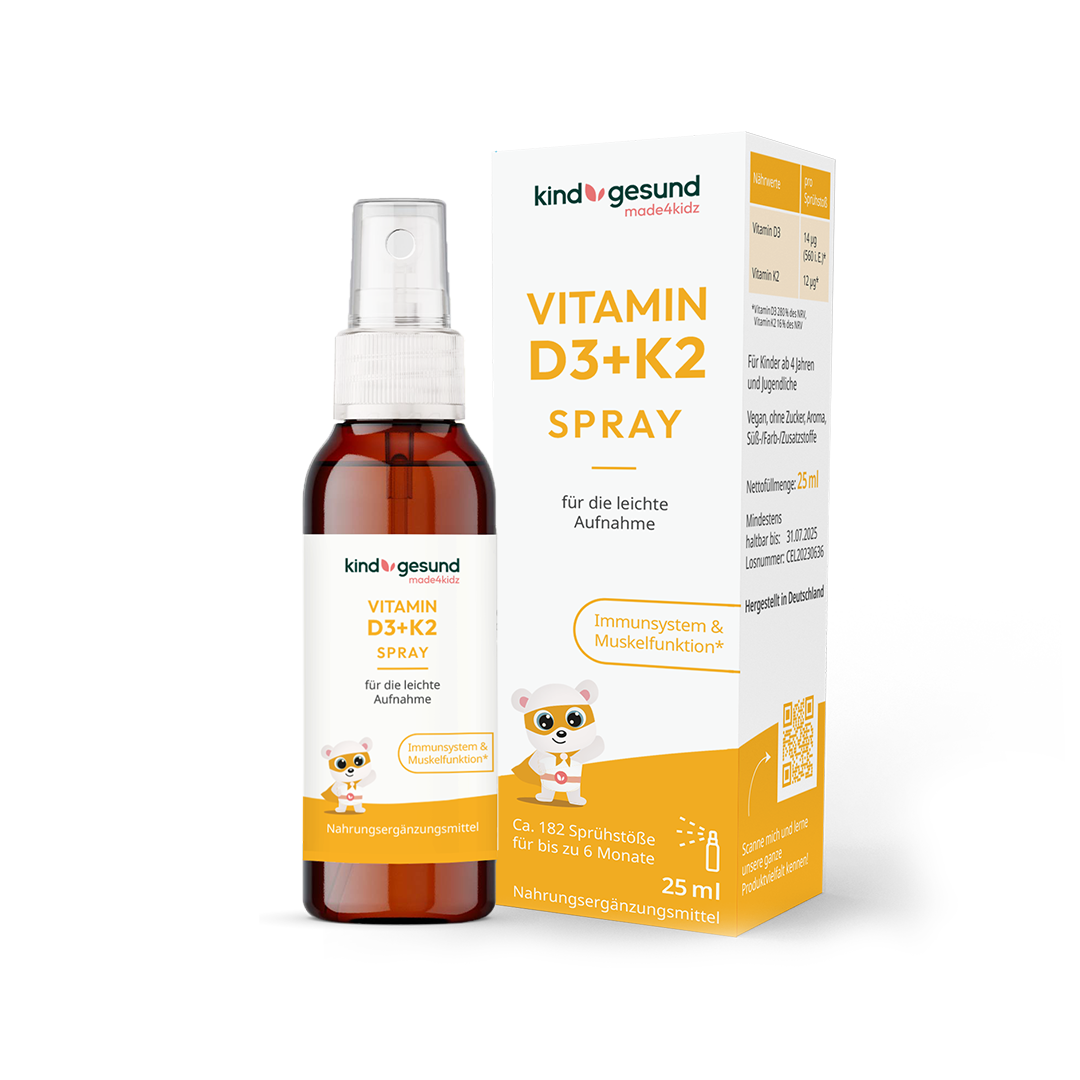 kindgesund Vitamin D3+K2 Spray Verpackung und Spray