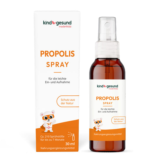 Umverpackung von einem Propolis Spray für Kinder und die passende Sprühflasche. Im orange-weißen Design.  